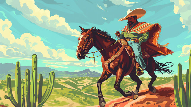 A traditional Mexican charro (horseman) in full attire, riding through an isometric landscape