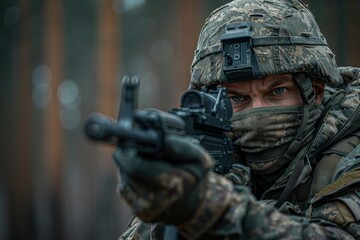 Obraz premium A soldier is holding a rifle and wearing a camouflage uniform