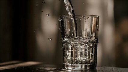 Pouring Water into a Glass. Concept Splashing Water, Pouring from Jug, Filling up Glass, Refreshing Drink - obrazy, fototapety, plakaty