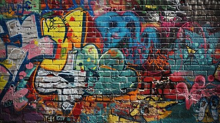 colorful graffiti adorns a brick wall, with a bicycle parked nearby and a person's head visible in
