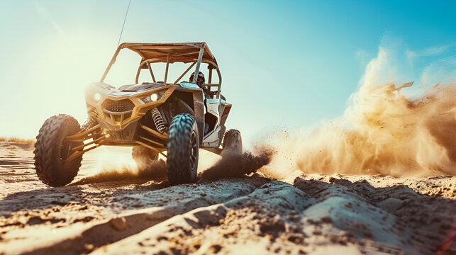 A UTV buggy in motion on a sunny beach