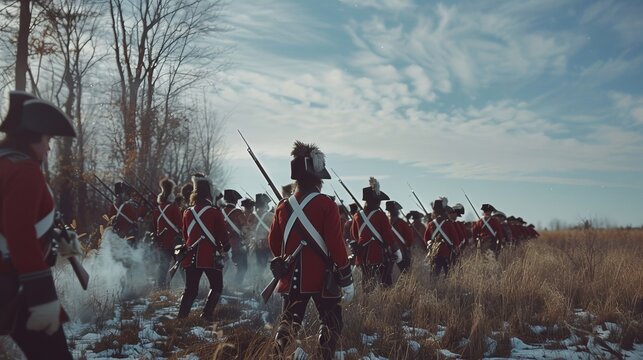 A reenactment of a Revolutionary War battle scene with soldiers in authentic uniforms