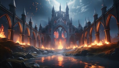 A Gothic place with flames