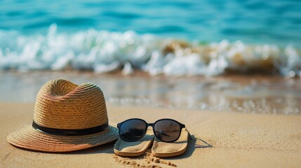 Black sunglasses with a straw hat next to a slipper  backdrop of the clear sea. the idea of travel, vacation, and a lovely sandy beach in the summer. Holiday concept. Copy space for a message.