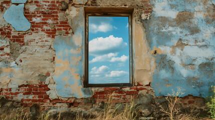 Weathered window set in a crumbling, paint-splattered brick wall, framing a clear blue sky, juxtaposing decay with beauty.