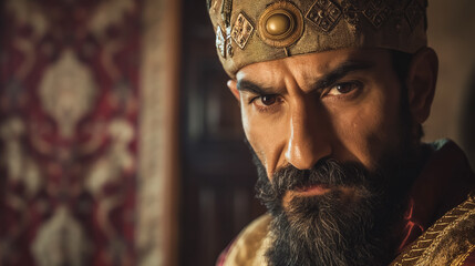 Stern-looking king adorned in rich, traditional regal attire, exuding authority and historical significance.