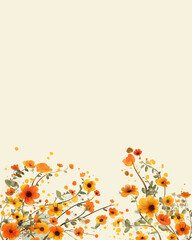 Gently yellow background with red flowers in watercolour style. Postcard. Background. Vertical. Place for text.