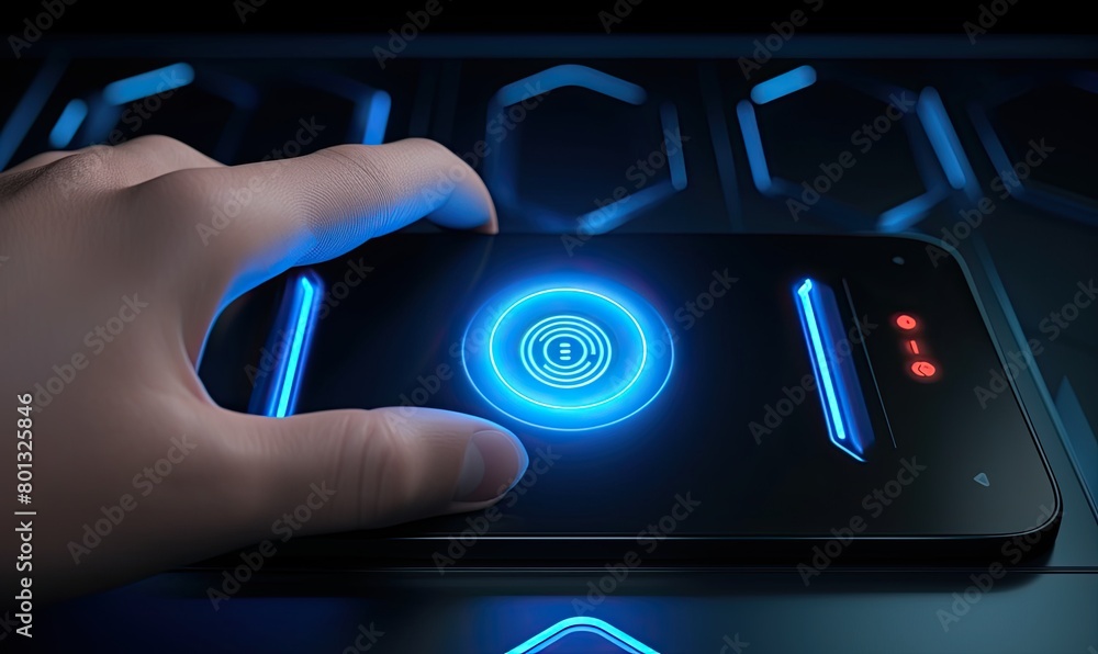Poster hand pushing button on a interface mobile