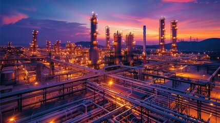 A real photo shot depicting cracking units in operation, where heavy hydrocarbons are broken down into lighter, more valuable products, maintaining the naturalness of the refinery's industrial setting