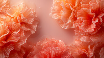 surreal flowers crafted from loofah or fabric by coral color soft pastel orange pink with copy space for text.