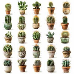 various types of cacti in their pots on a white background