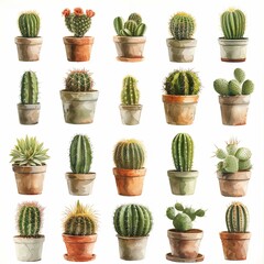 various types of cacti in their pots on a white background