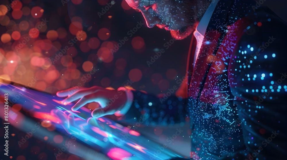 Poster businessman using futuristic holographic interface on digital tablet for dynamic customer service