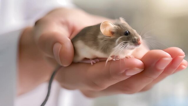 Close up hand of human holding a small mouse for experiment in laboratory. Research on laboratory animals, Animal testing concept	
