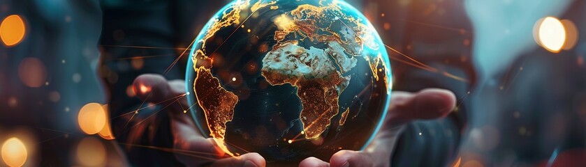 A 3D model of a globe with hands connecting different continents, representing the global exchange of information and ideas