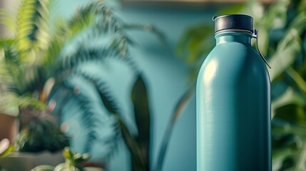 Close-up of reusable, steel thermo water bottle, matte of color, isolated background with copy space.  