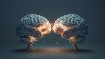 A 3D model of two brains connected by bridges of light, symbolizing the power of collaboration to generate new ideas
