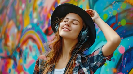 Street fashion concept: cool hipster girl with headphones and a black hat enjoying freedom while listening to music against a colorful wall in the city.