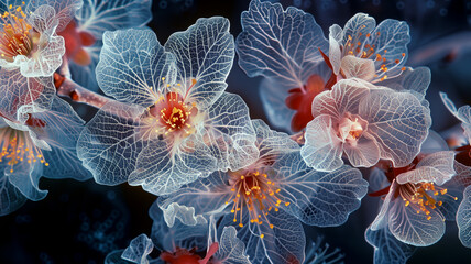 ethereal sakura branch with translucent petals resembling sea anemones in a mystical undersea illusion