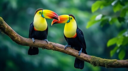 Obraz premium Toucan sitting on the branch in the forest, green vegetation