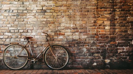 bicycle leaning against brown brick wall with copy space, vintage color tone. world bicycle day background concept.