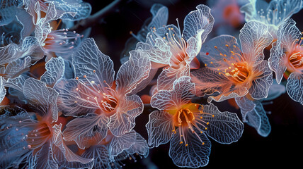 ethereal sakura branch with translucent petals resembling sea anemones in a mystical undersea illusion