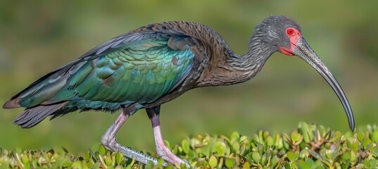 Graceful scarlet faced ibis bird portrait in serene marshland during enchanting golden hour