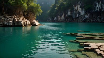 Obraz premium View from the wooden Thai style boat in a dam with emerald water and white big stonds.generative.ai