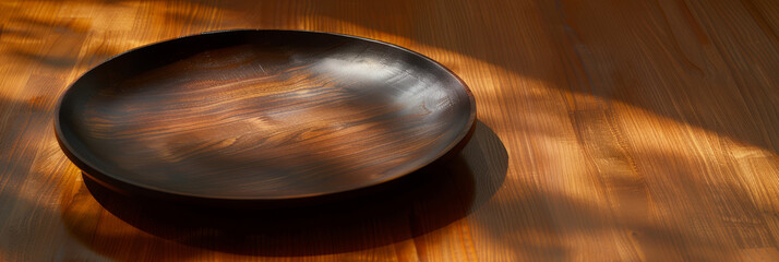Elegant Wooden Bowl on Sunlit Wood Table Casting Gentle Shadow