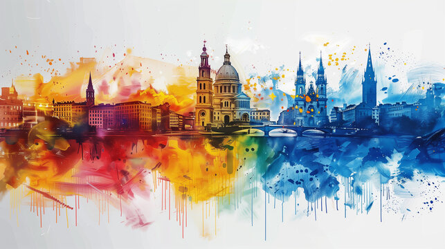Watercolor painting of European cities.