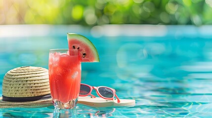 A tropical holiday concept featuring a fresh glass of watermelon smoothie drink, sunglasses, a straw hat, and slippers by the edge of a swimming pool.