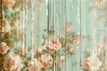 Vintage floral pink rose paint on wood plank wall soft green tones background with copy space for text in style vintage, retro.