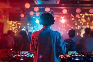 Young disc jockey playing music at night club. Male disc jockey mixing music in a nightclub.