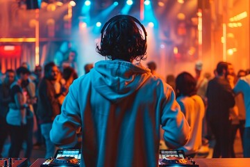 DJ playing music at the night club. Rear view of a young man mixing music on a dj's deck.