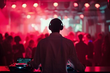 DJ playing music at nightclub, back view of male DJ in headphones