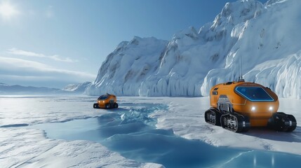 Autonomous exploration robots exploring icy landscapes in polar regions, gathering crucial data for climate research.