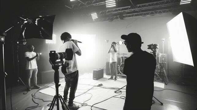 Behind the Scenes of a Music Video Production. Monochrome image of a music video shoot, featuring a male artist performing with a microphone and crew members operating cameras and lighting.