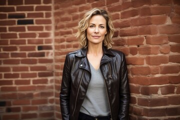 Portrait of a content woman in her 40s sporting a stylish leather blazer over vintage brick wall