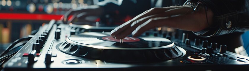Fototapeta na wymiar DJ blending tracks seamlessly on a stateoftheart digital turntable ,close-up