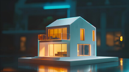A simple holographic projector displaying a minimalist 3D model of a house for architectural...