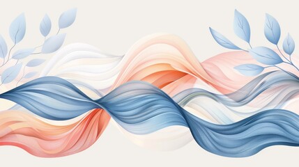 Abstract design of water waves intertwined with leaves, conveying calm and renewal, in pastel colors, smooth flowing lines, minimalist style, digital art 