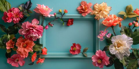 Floral Frame on Turquoise Background with Assorted Paper Flowers