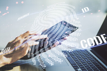 Abstract creative fingerprint concept with finger clicks on a digital tablet on background. Multiexposure