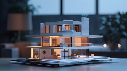 A simple holographic projector displaying a minimalist 3D model of a house for architectural visualization. Epic shot.


