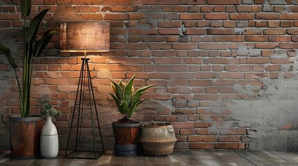 Home décor and a lamp against a brick wall backdrop