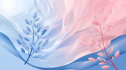 Abstract design of water waves intertwined with leaves, conveying calm and renewal, in pastel colors, smooth flowing lines, minimalist style, digital art  - obrazy, fototapety, plakaty