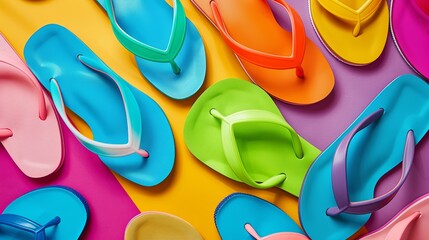 Several colorful flip flops in a colored background, top view