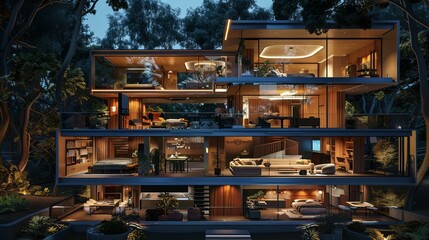 Cross section of a contemporary home at night, rendered in 3D