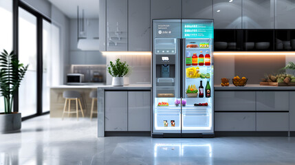 A smart refrigerator with a minimalist holographic display showing grocery lists and meal plans. Epic shot.


