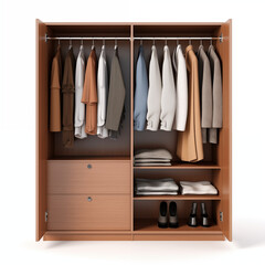 3D rendering of a wooden wardrobe with clothes hanging on it and shoes on the shelves